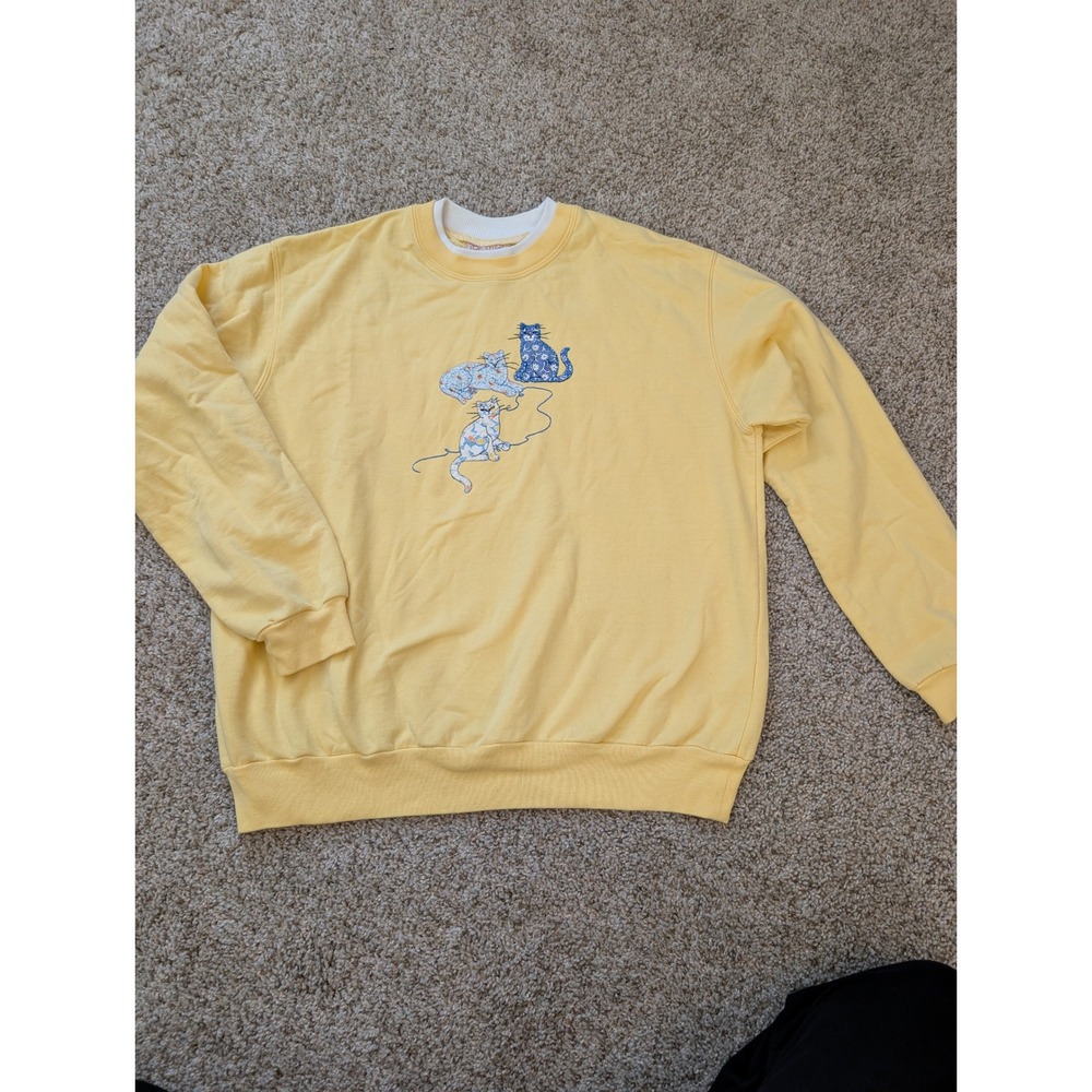 Top Stitch by Morning Sun Butter Yellow Cat Embroidered Sweatshirt Large Vintage